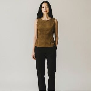 Ann Taylor Petite Brown Sleeveless Crew Neck Suede Feel Top Zip/Hook/Eye Size SP